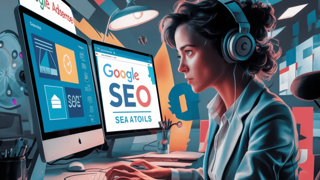 Eine Frau mit Kopfhörern arbeitet konzentriert an zwei Monitoren, auf denen SEO-Analysen und Google-Suchoptimierungstools zu sehen sind.