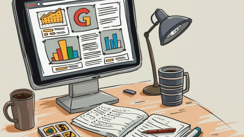Ein aufgeräumter Schreibtisch mit einem Computerbildschirm, der Diagramme und eine Google-Suchseite zeigt, umgeben von einer Schreibtischlampe, Notizbuch, Stift und Kaffeetassen.