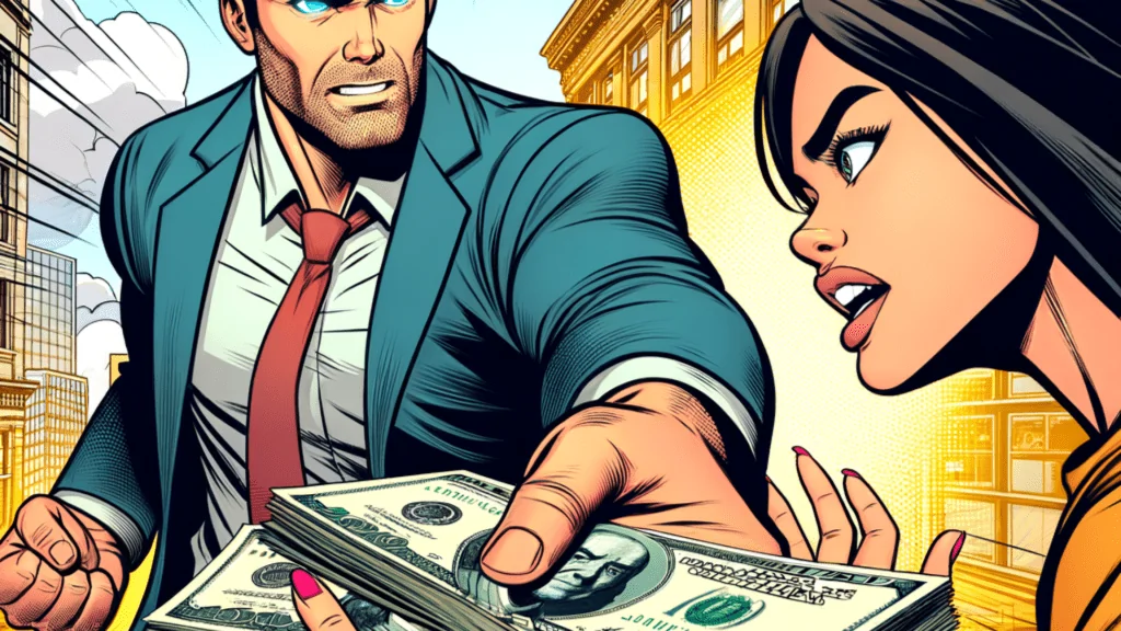 Illustrative Szene im Comic-Stil mit einer Geldübergabe zwischen zwei Personen