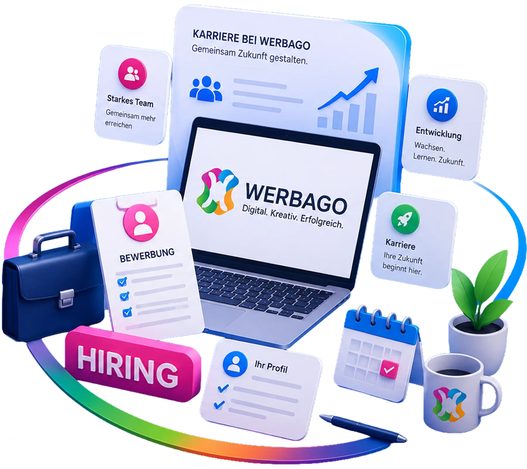 Collage of recruitment app icons and a laptop showing Werbago branding, with hiring-related labels like Bewerbung and Hiring in German, on a blue background.