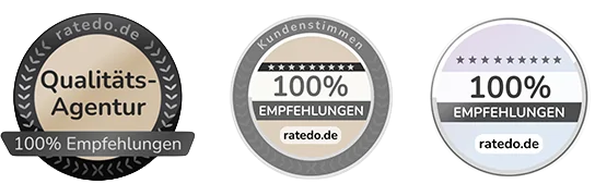 Triptych of trust badges: left 'Qualitäts-Agentur' with 100% Empfehlungen, center 'Kundenstimmen 100% Empfehlungen', right star-rated 100% Empfehlungen badge.